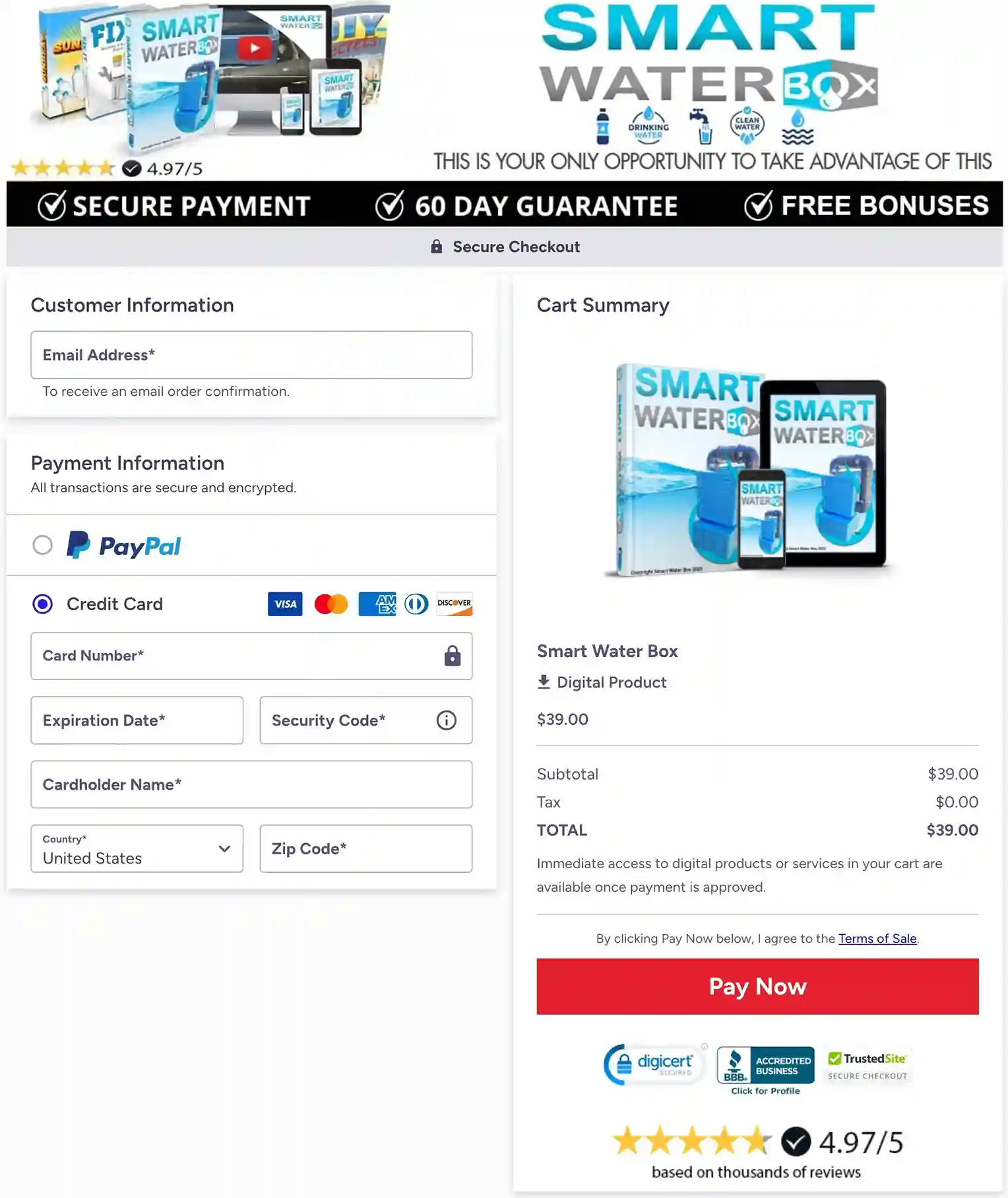 Smart Water Box Order Page — $39.69 One-Time Payment Instant Access